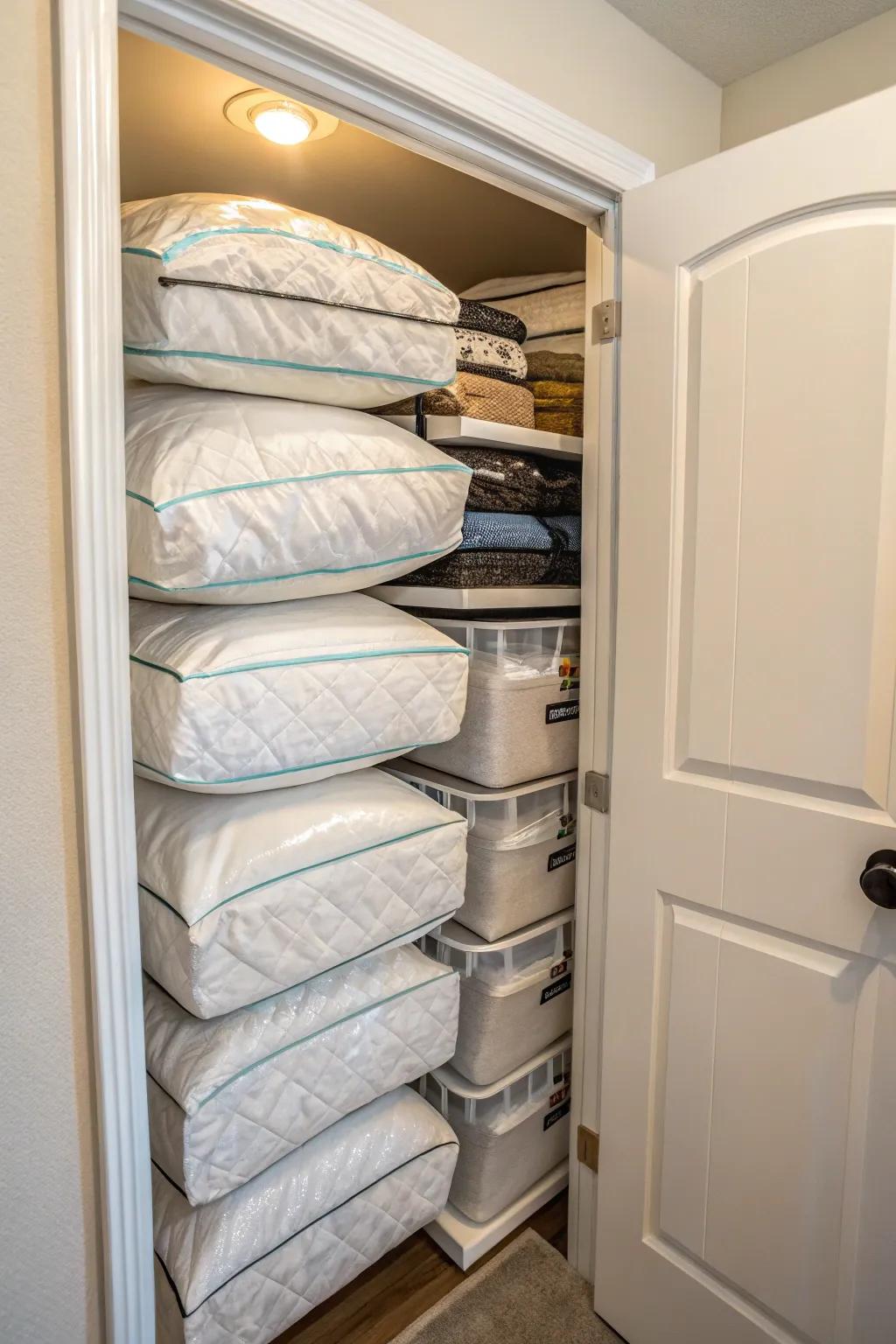 Hermetically sealed containers preserving comforters within a compact wardrobe area.
