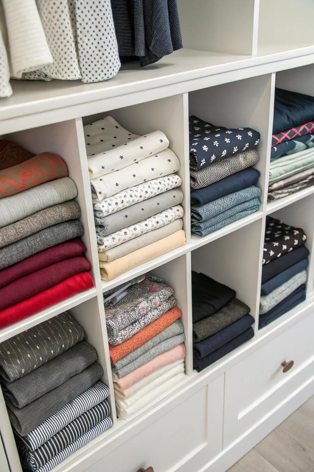 Fold your leggings uniformly and use shelf dividers to create a well-maintained and visually appealing arrangement.
