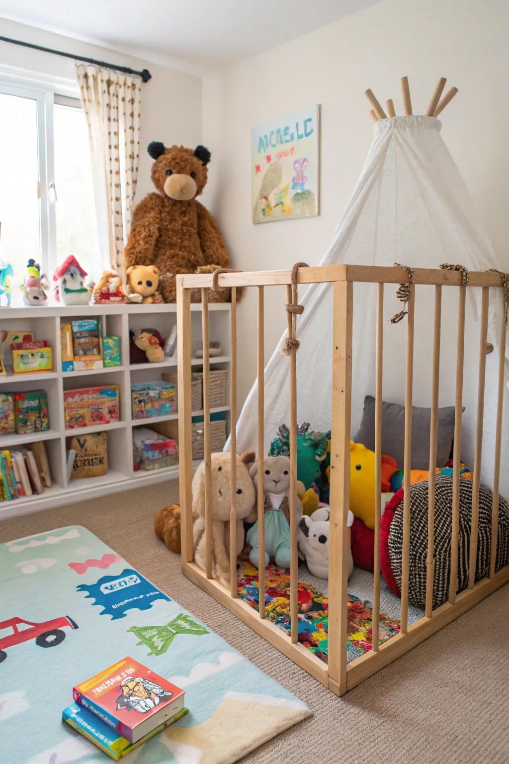 A whimsical 'menagerie' ensures stuffed animals are neatly confined.