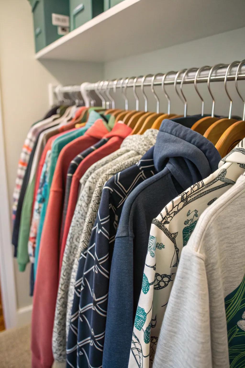 Use closet rods to hang sweatshirts, saving precious shelf space.