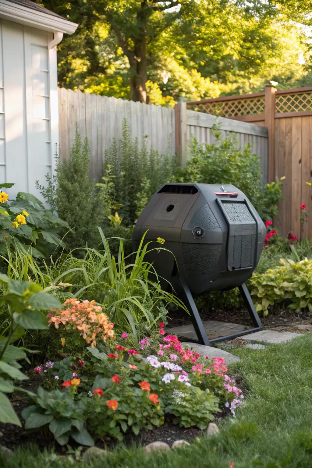This contemporary tumbler adds a touch of elegance to the garden while making quick and simple work of composting.