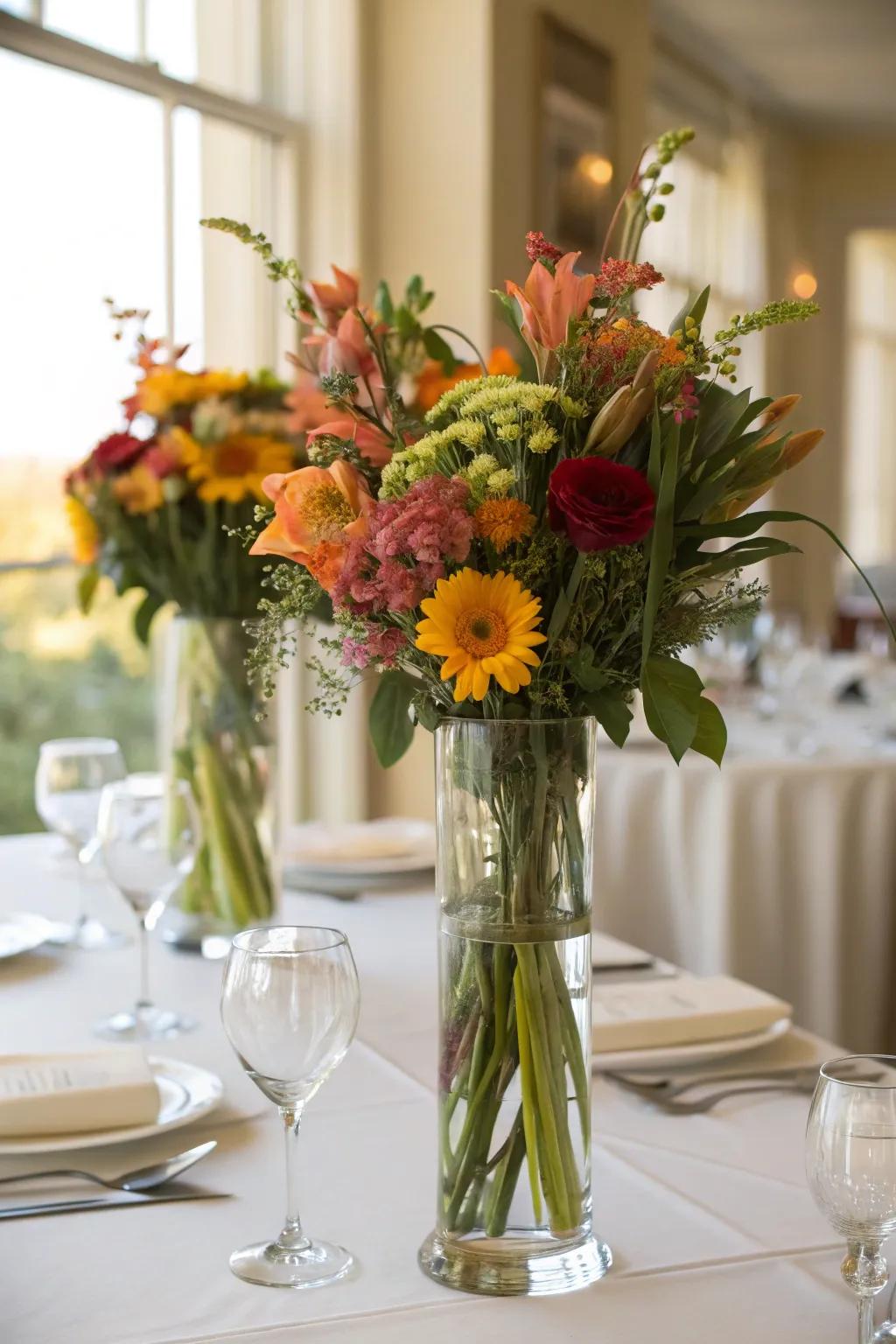 Seasonal flowers arranged within hurricane vases provide a revitalized and dynamic appearance.