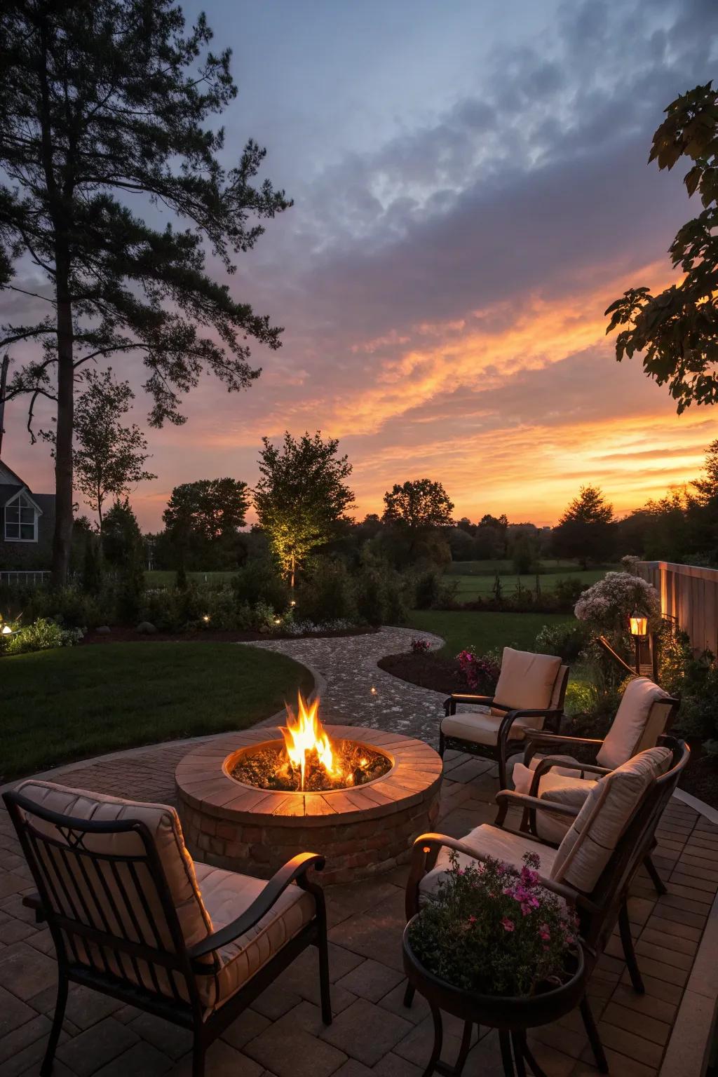 Congregate encircling a toasty hearth feature for intimate evenings within your landscape.