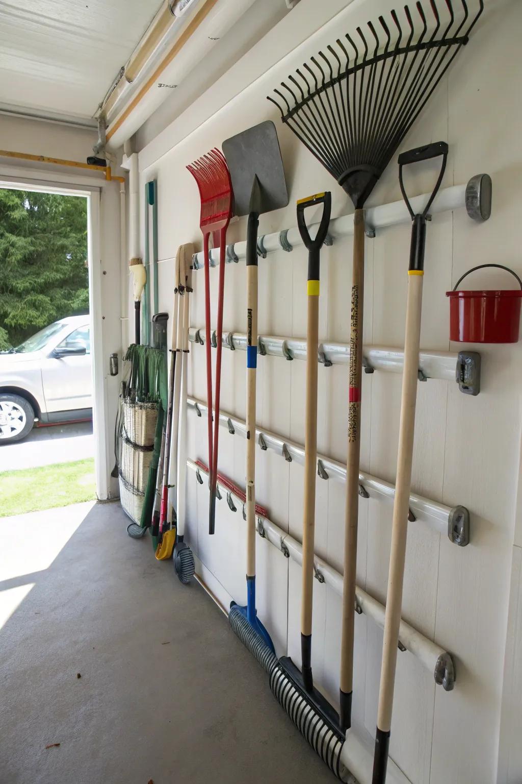 PVC tubing provides an imaginative and perfect storage answer for long-handled equipment.