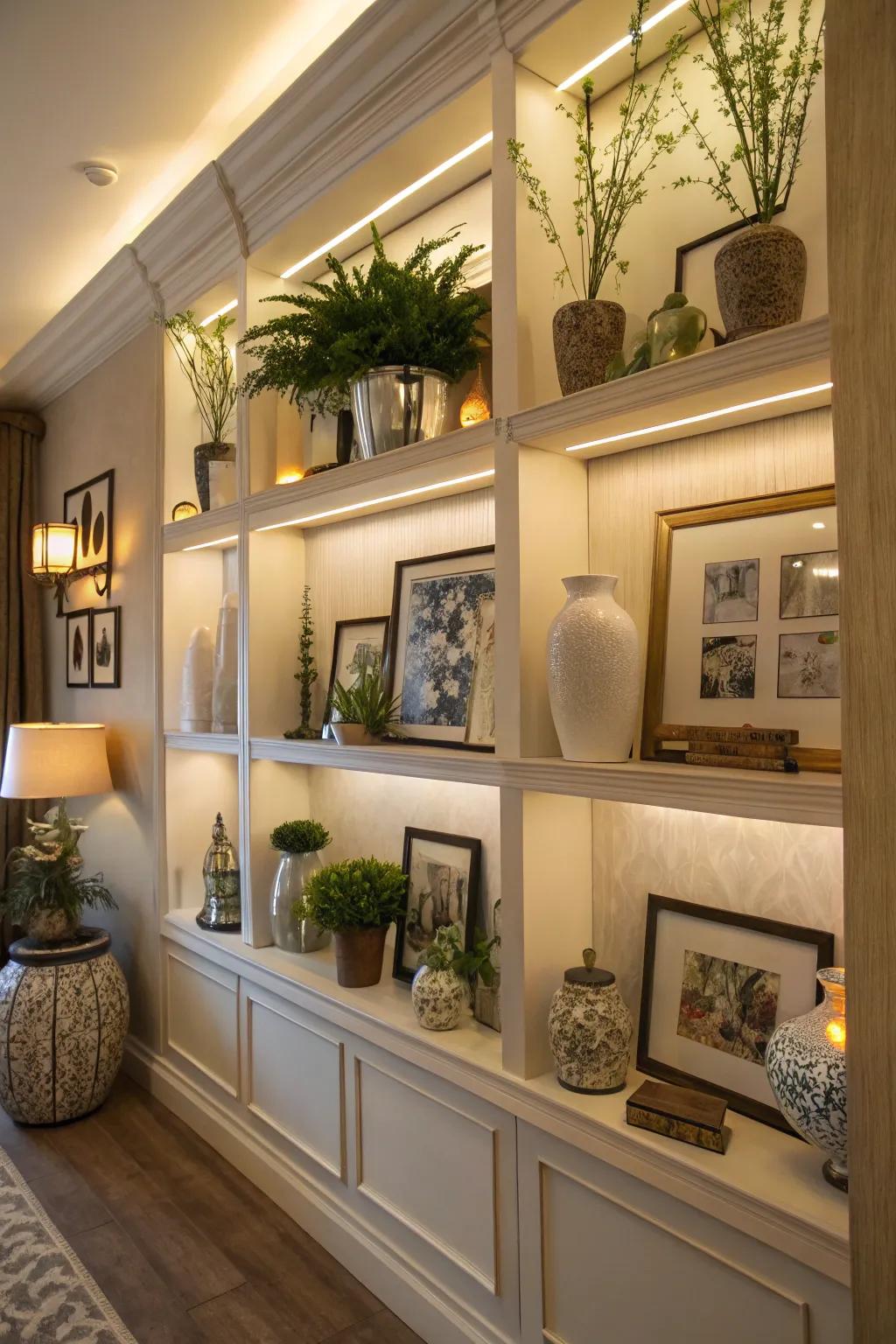 Express your unique flair by utilizing concealed shelves to present your beloved decorative items.