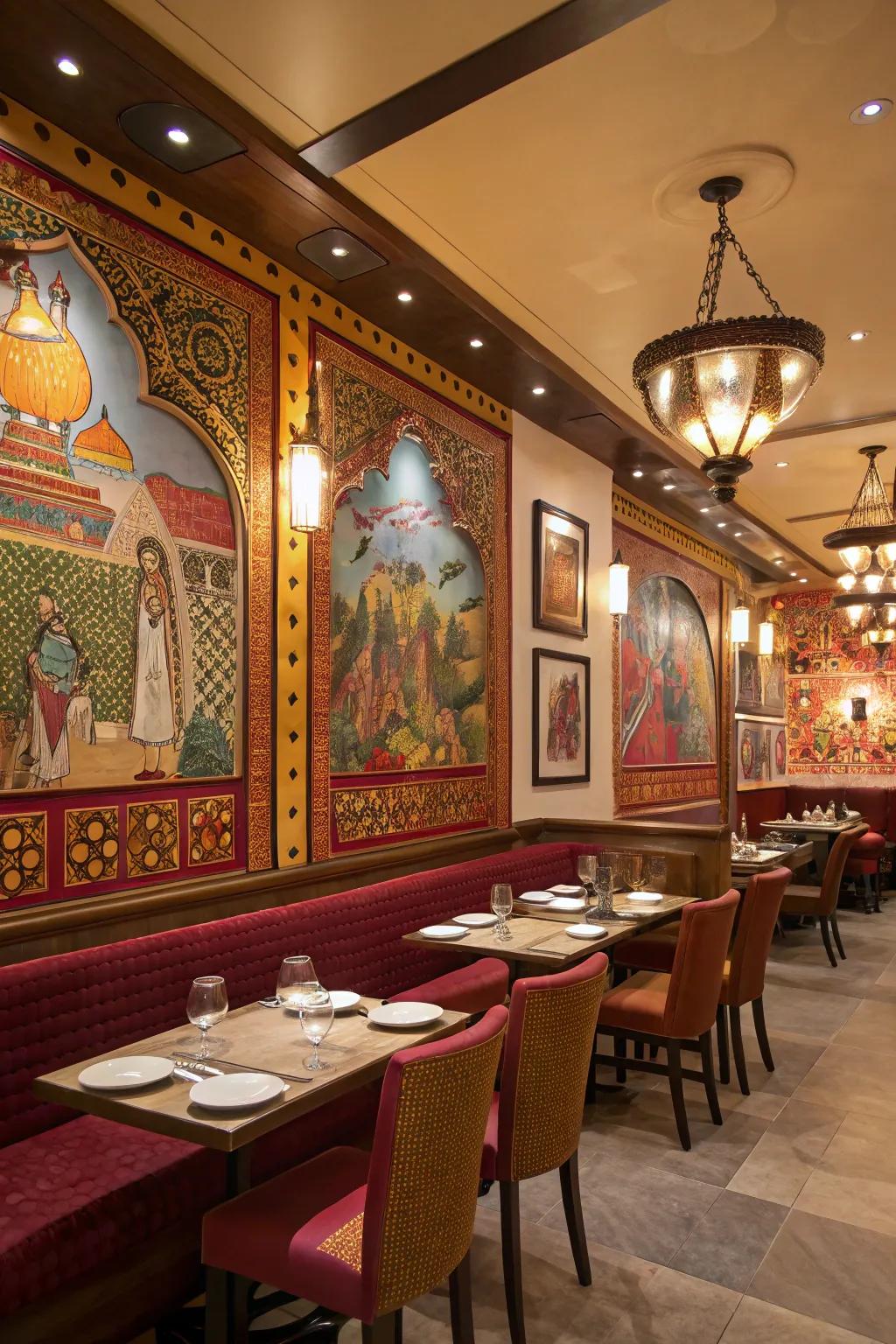Classic Indian artwork embellishes the walls of a restaurant.