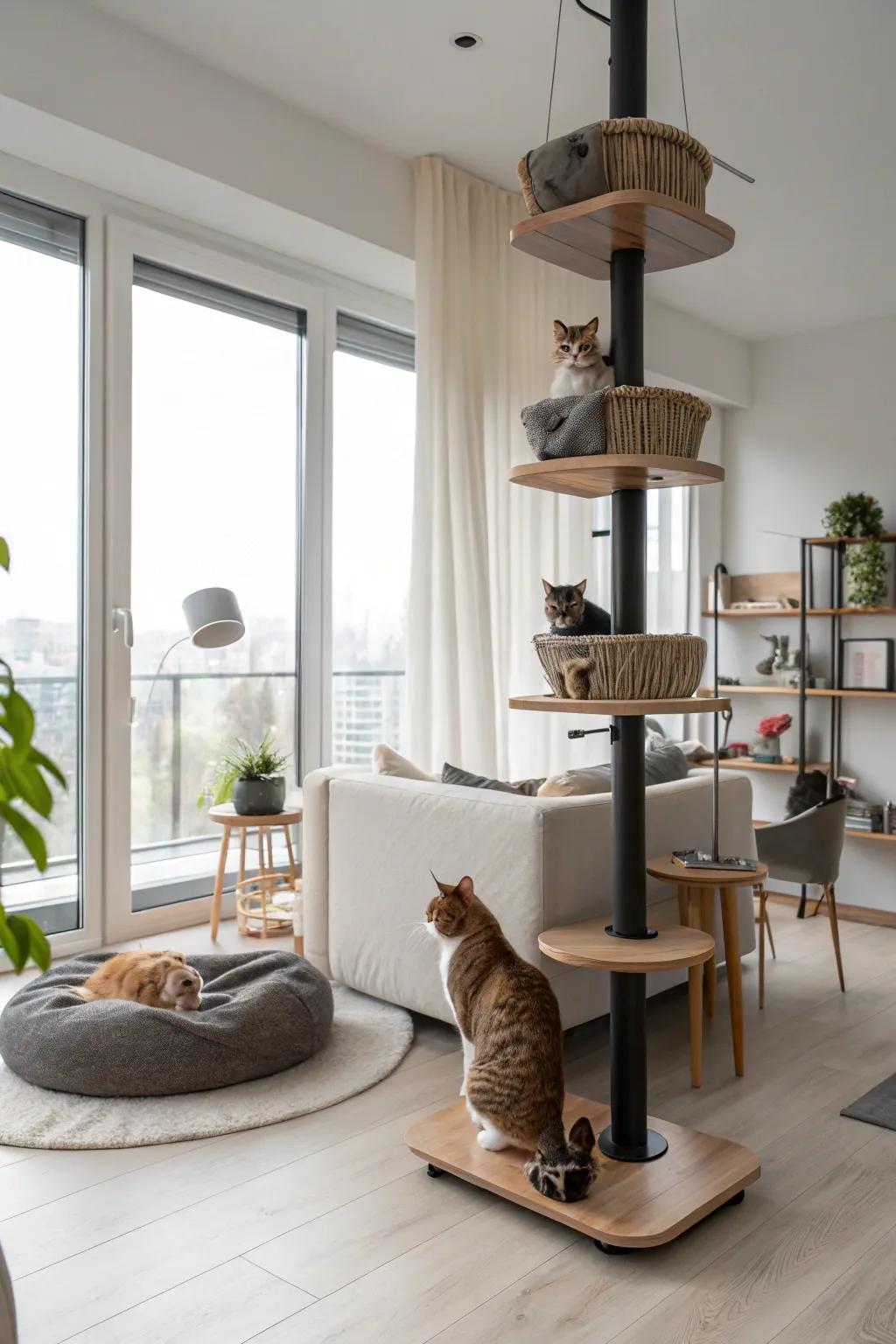 A tiered cat domicile presenting a high-rise playground.
