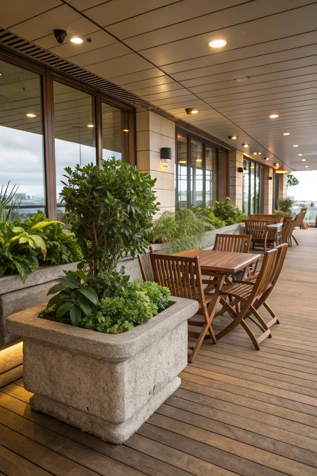 Natural timber and stone components enrich this indoor deck.