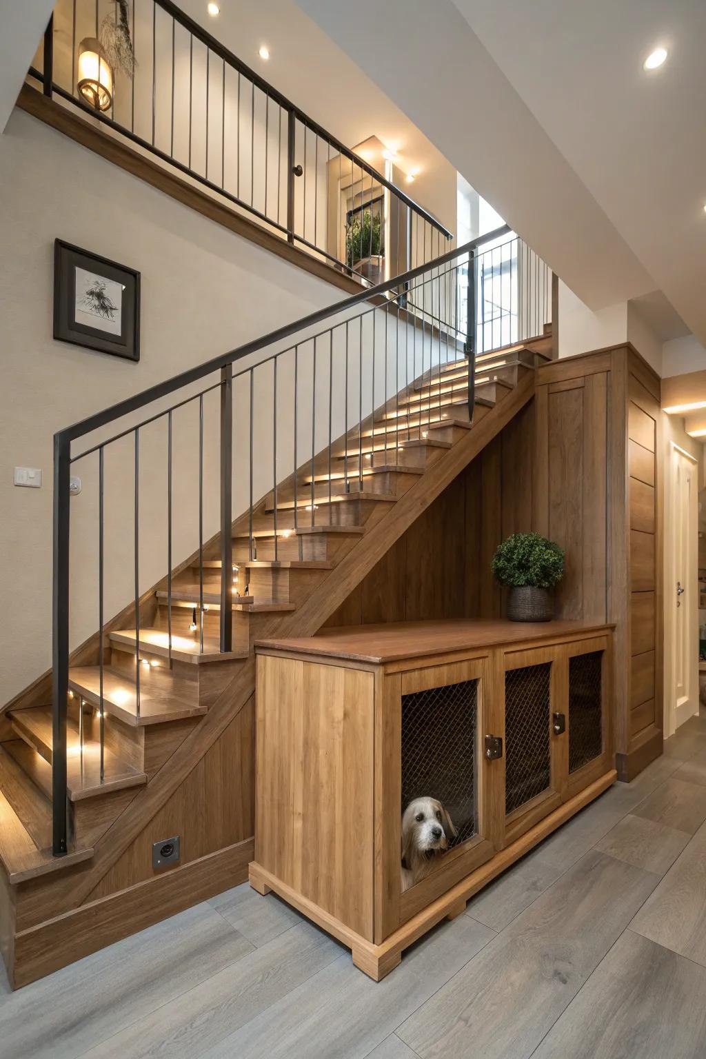 Transform the space beneath your stairs into a clandestine sanctuary for your cherished dog.