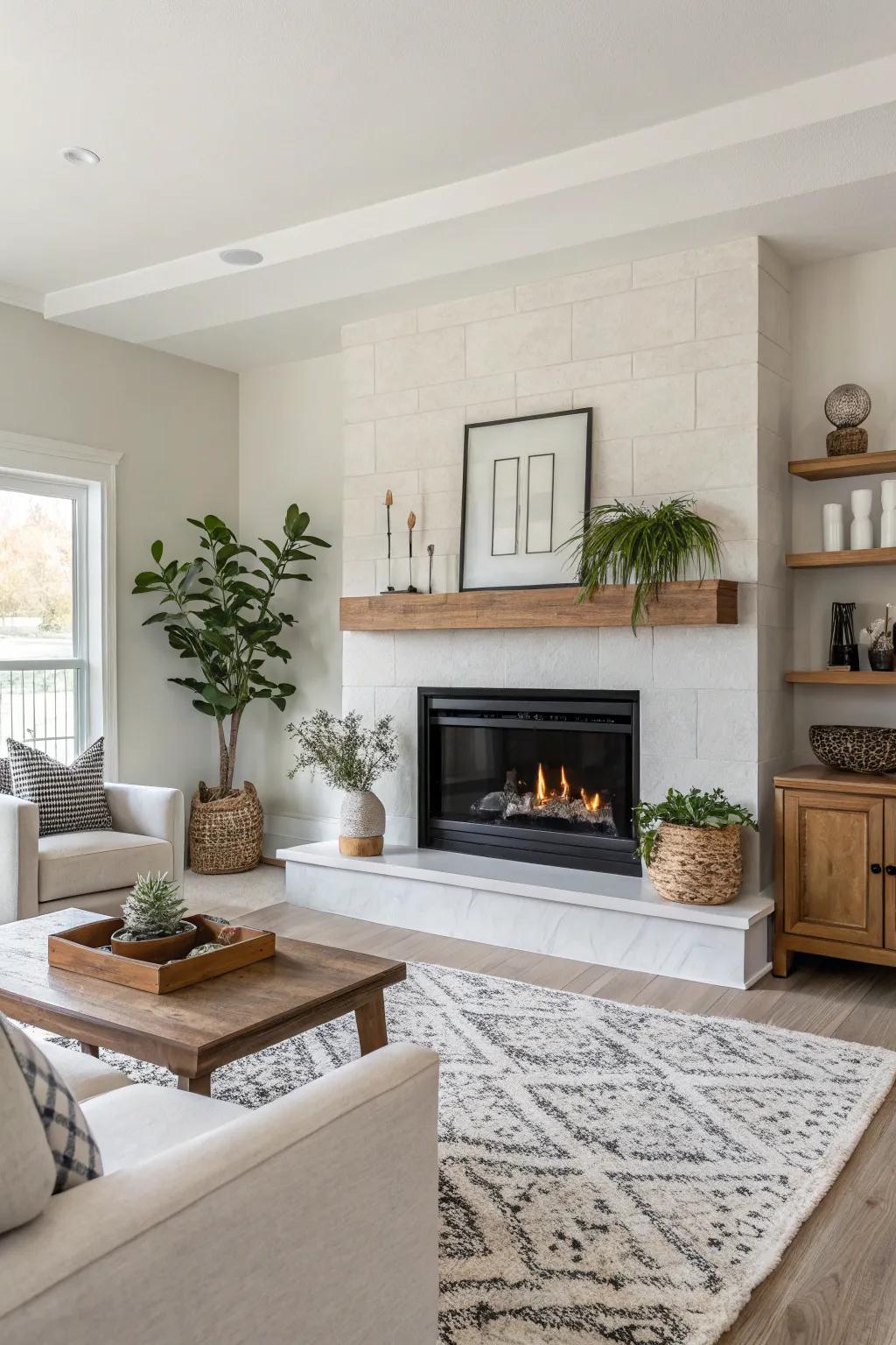 A minimalist living area highlighted by a refined, modern fireplace set against a muted backdrop.