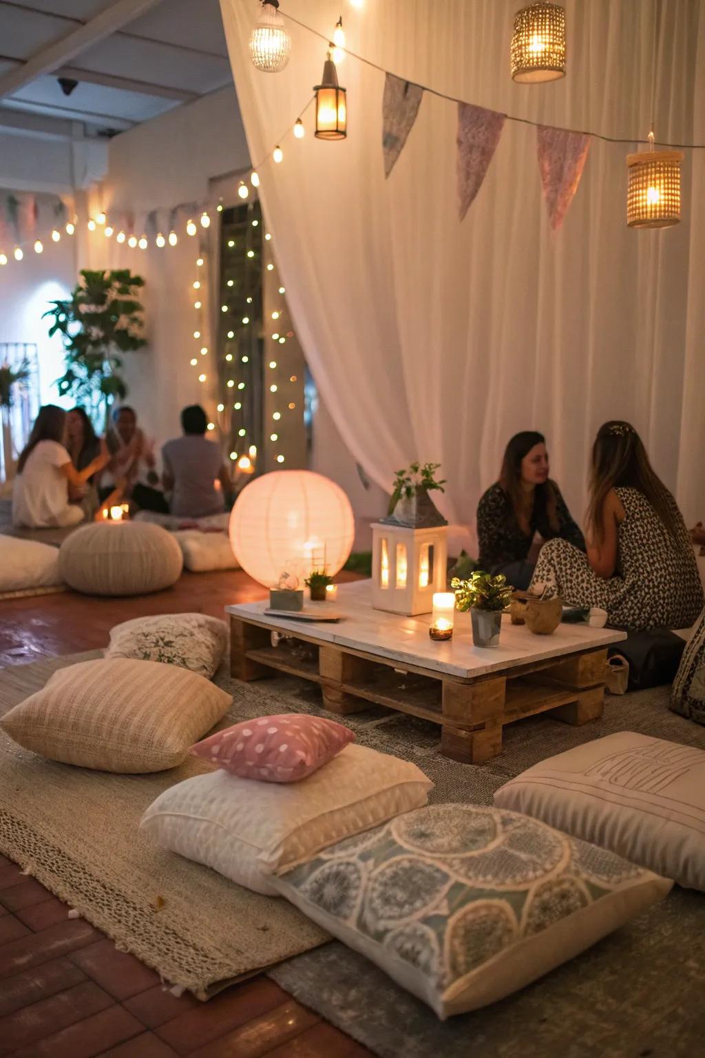 A cozy gathering featuring floor seating and subtle illumination.