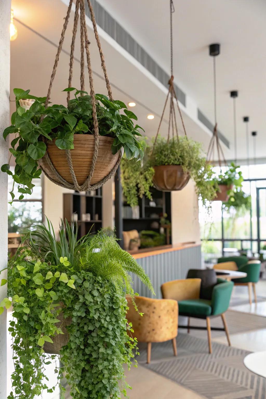 Optimize your vertical areas with stylish suspended baskets.