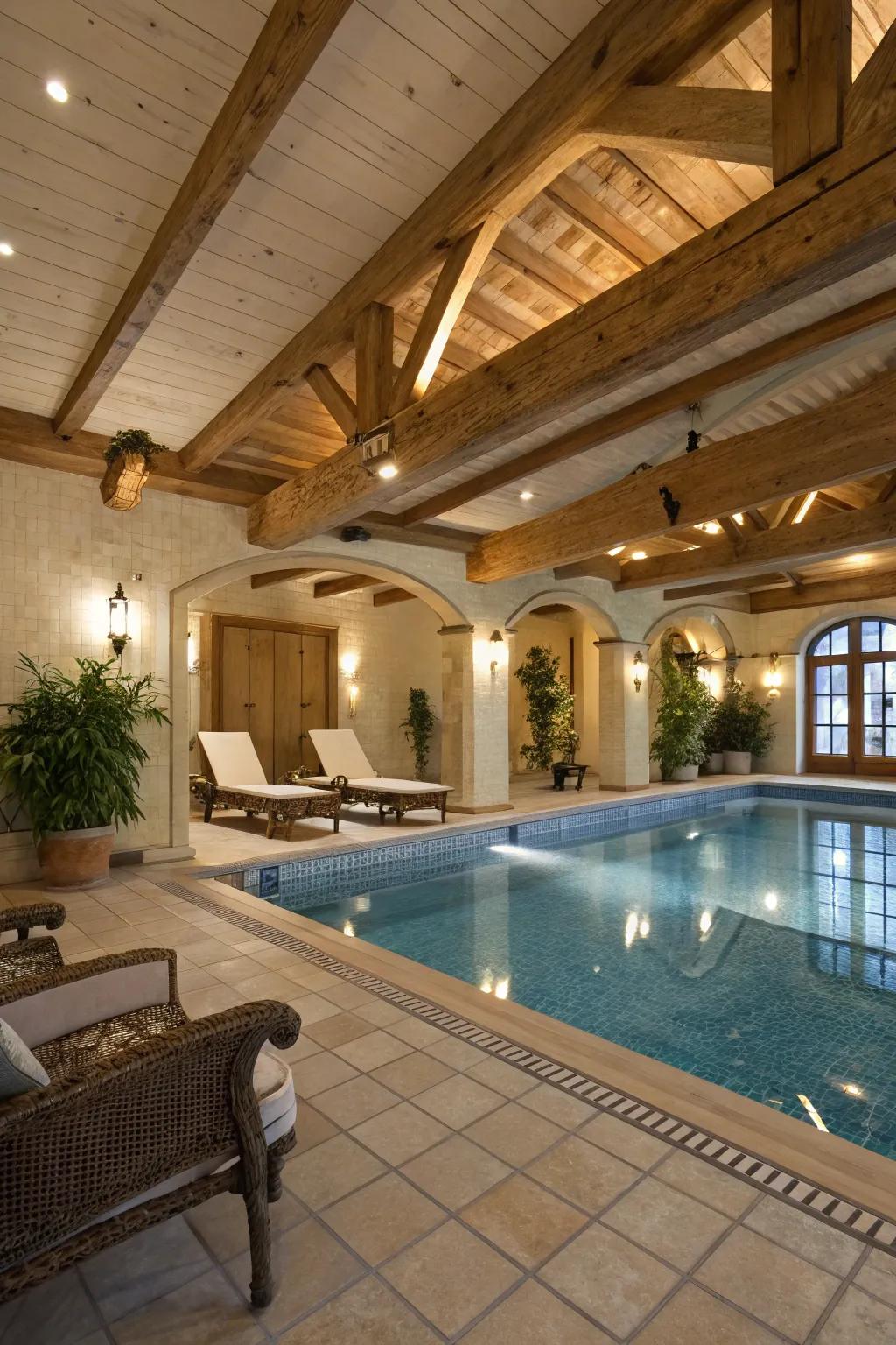 A welcoming indoor pool enhanced by wooden ceiling beams