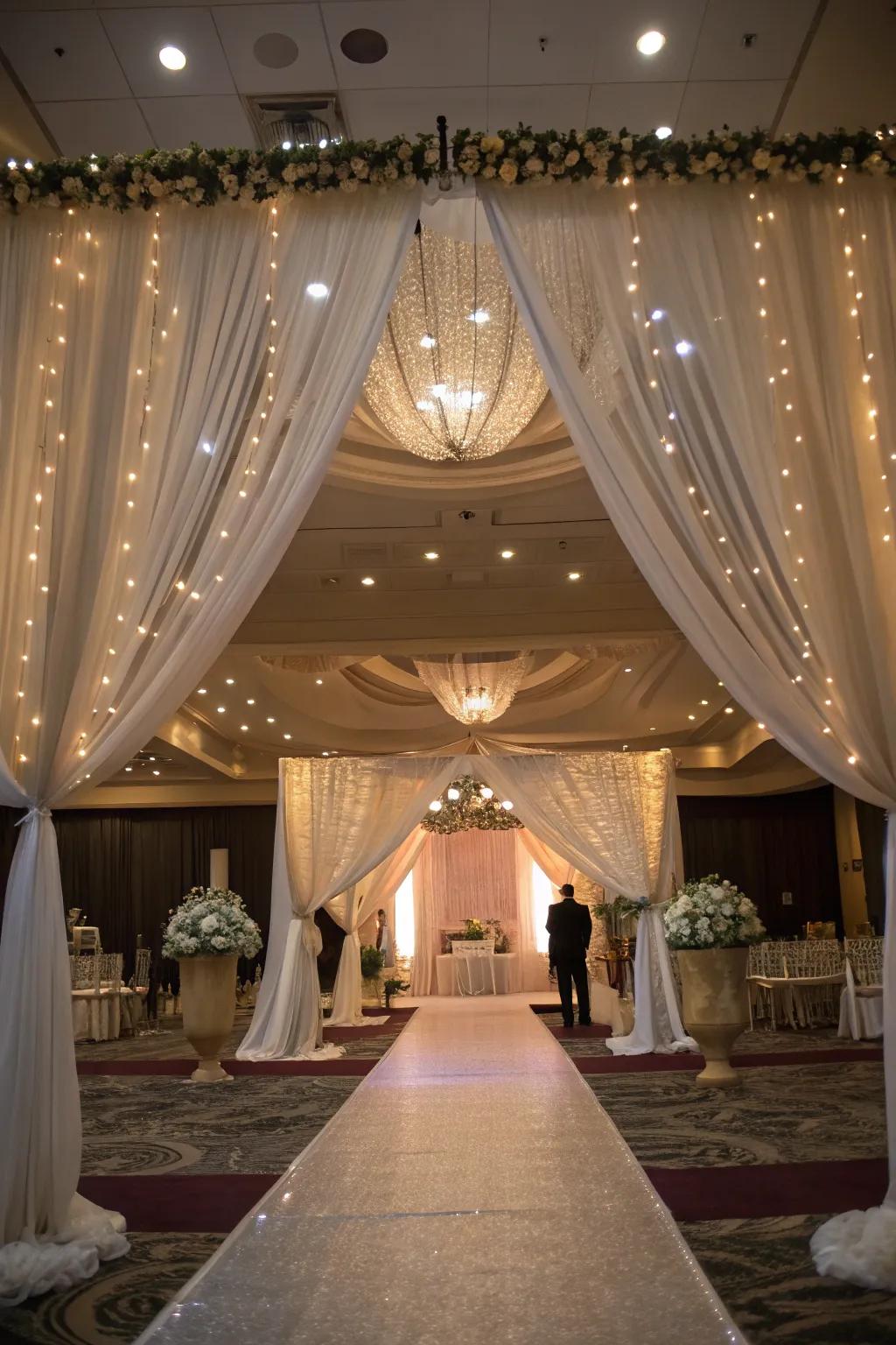 Draped fabrics paired with soft lights crafting a romantic wedding ambiance.