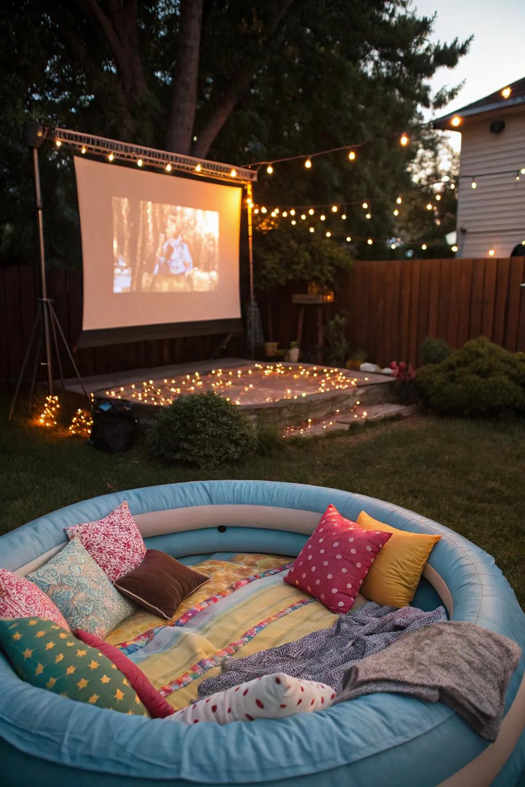 Cinema night by the pool: An enchanting journey beneath the stars.