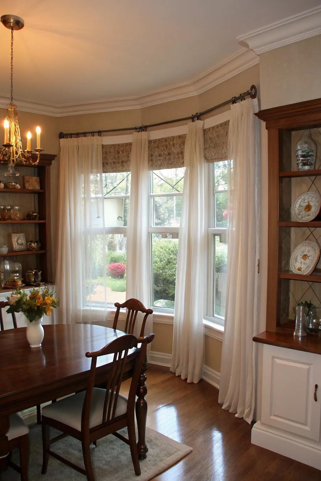 Superimposed window coverings engender a sophisticated and adaptable aesthetic.