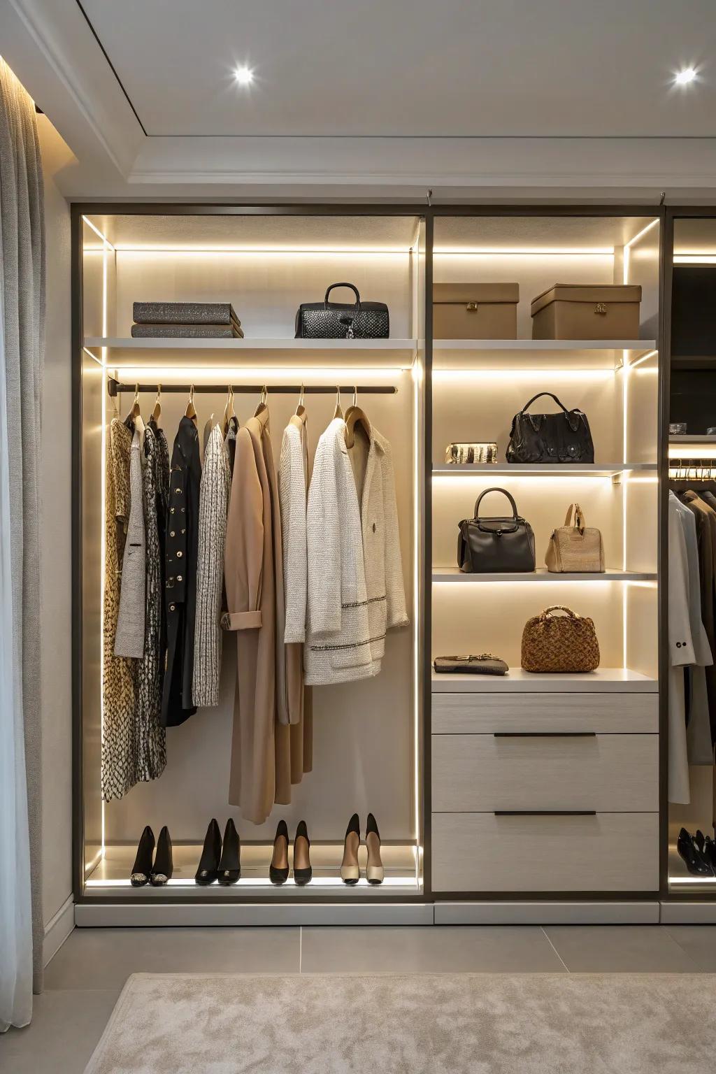 Enhance the attractiveness of your closet with integrated LED lighting.