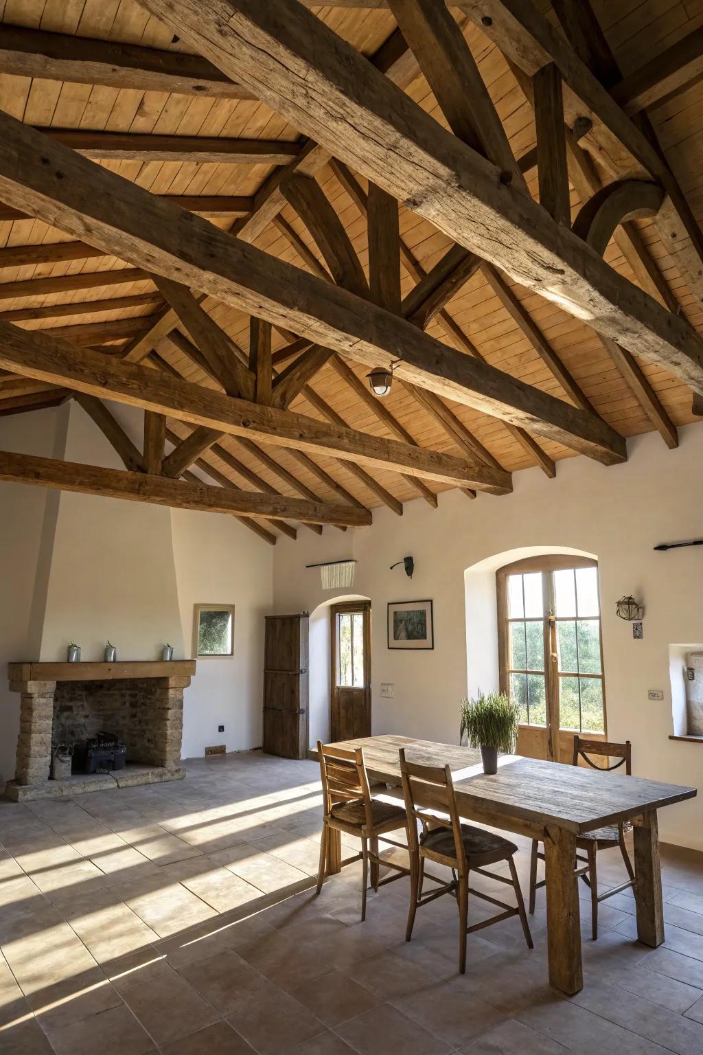 Exposed beams infuse a timeless rustic charm into barndominiums.