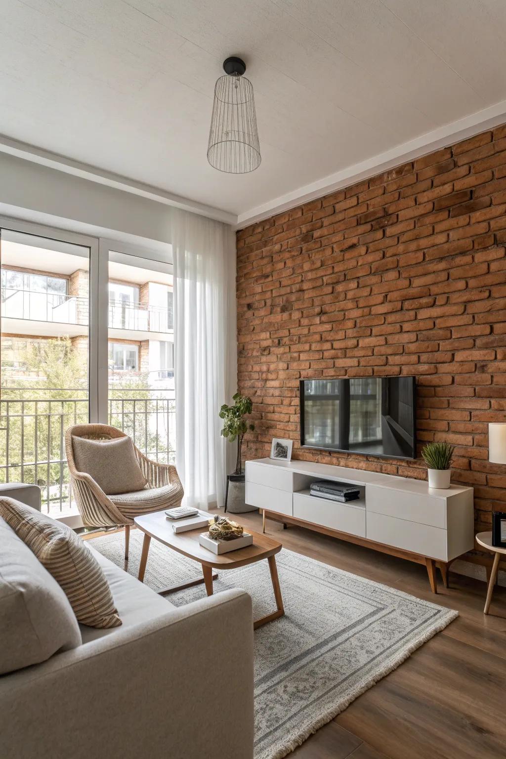 A contemporary living room featuring a brick emphasized wall, enhancing the refined and stylish decor.