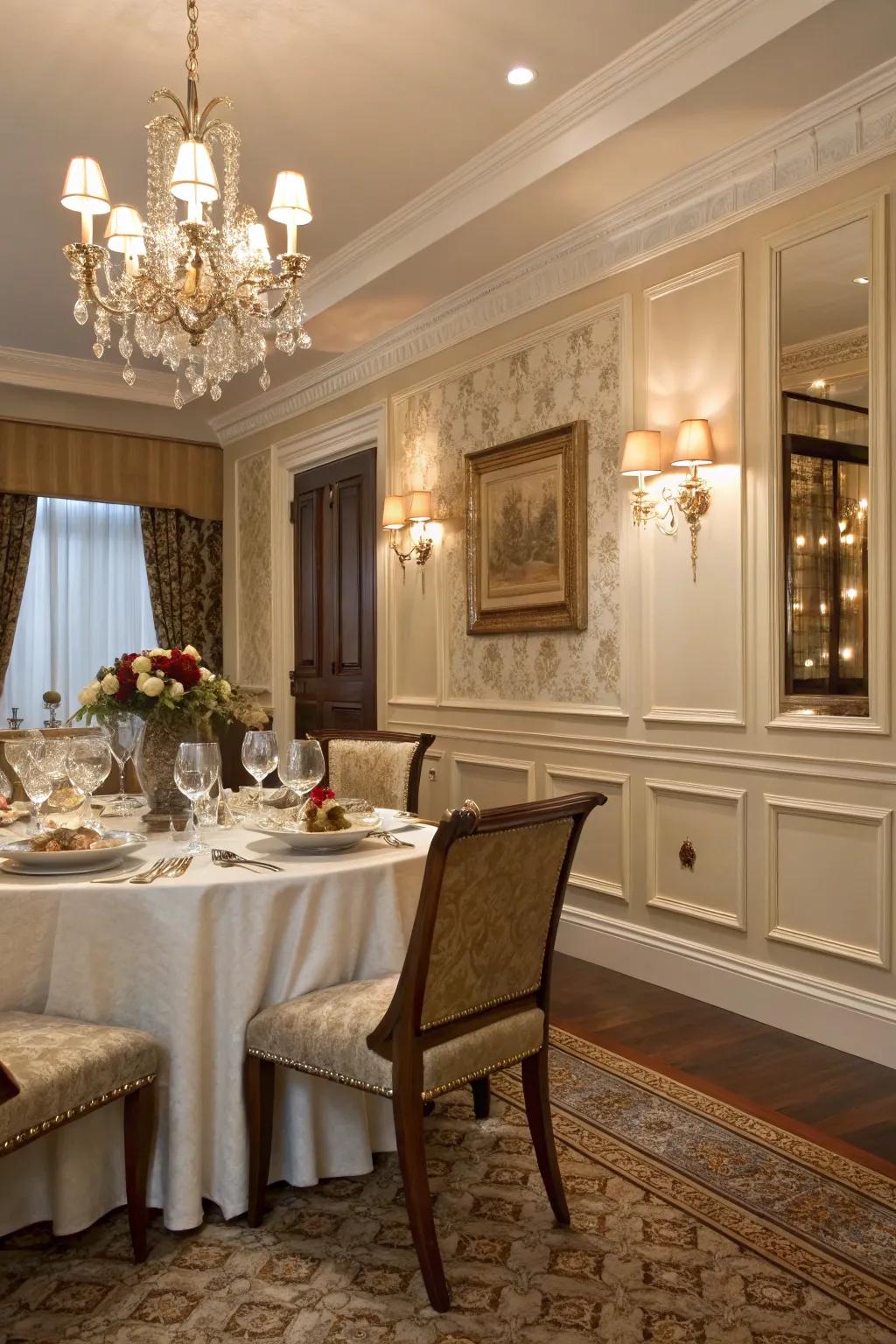 An elegant dining room showcasing wainscoting, which contributes to its sophistication.