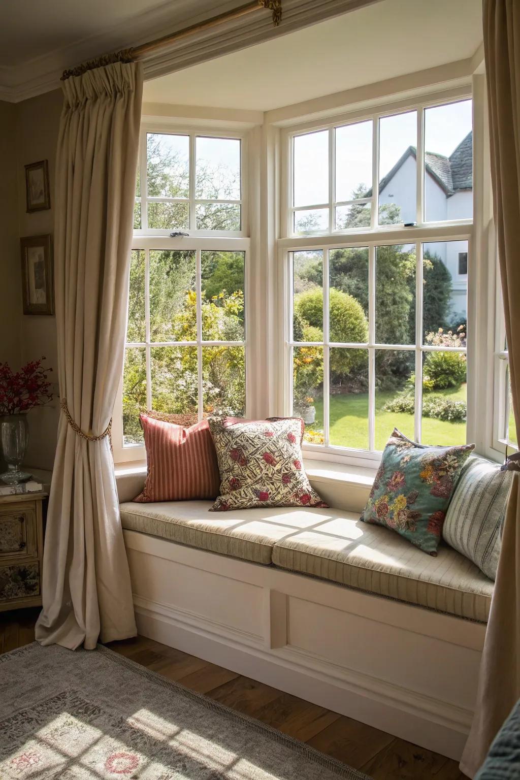 An inviting alcove window seating arrangement, conducive to repose and literary indulgence.