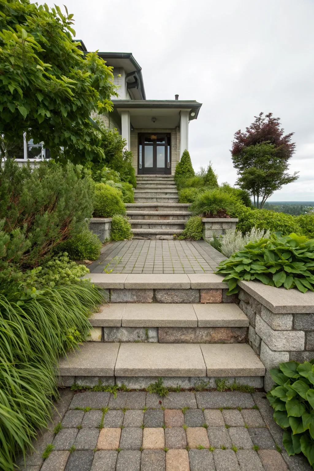 Graduated paver steps bring richness and depth to this welcoming entrance.