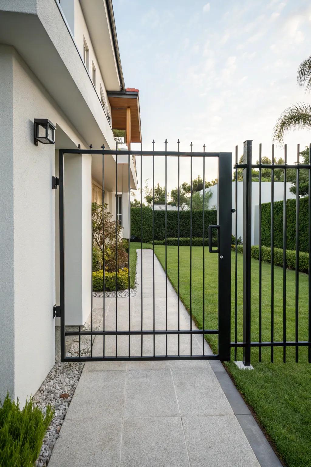 A sleek, modern, minimalist iron gate that complements a contemporary residence.