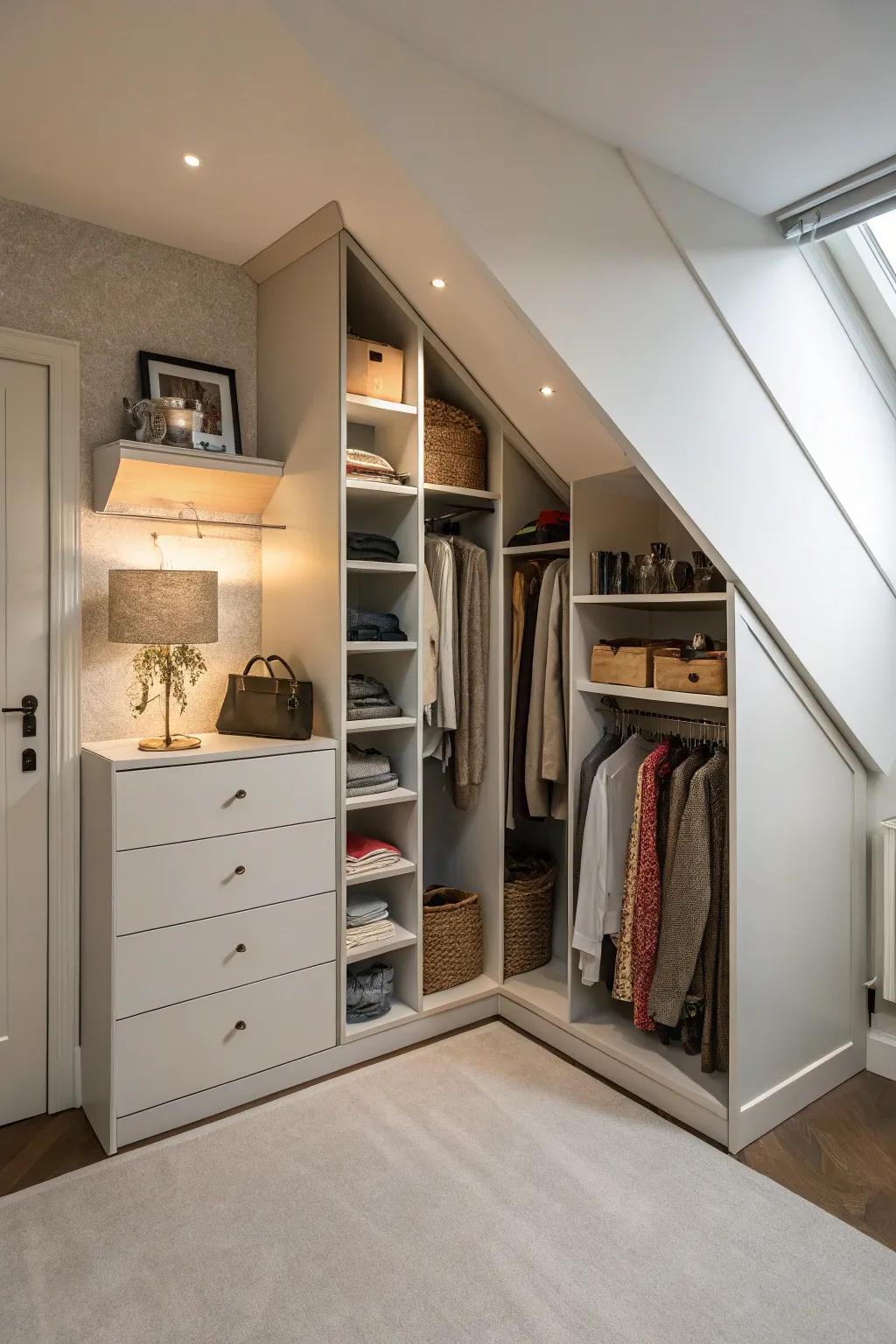 Effective corner storage maximizes space in an unconventional closet.