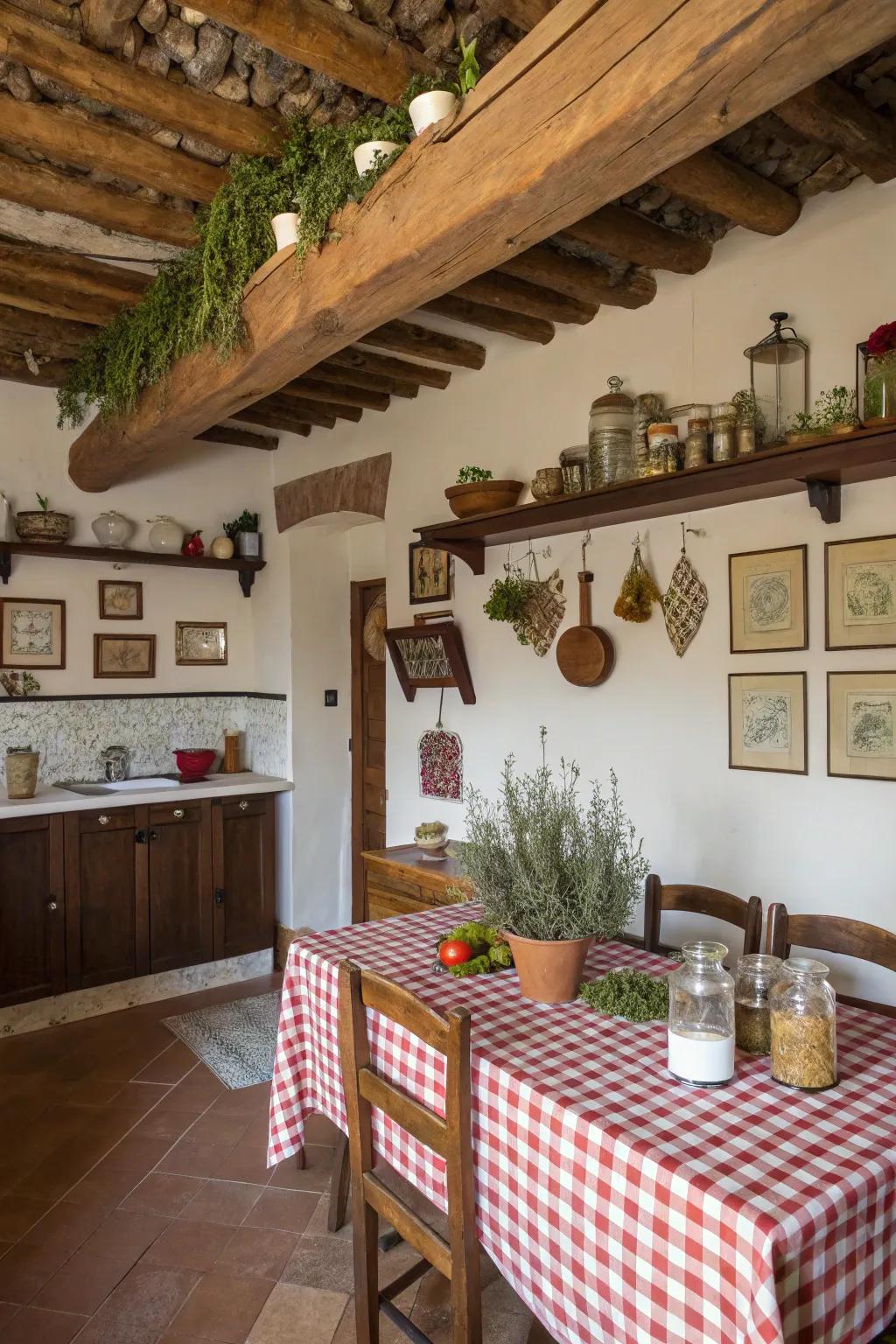 Revealed wood assistance beams provide a rustic appeal to this Italian cooking area.