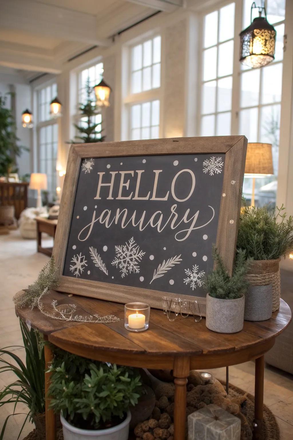 Extend a genial welcome to the month with a chalkboard salutation.