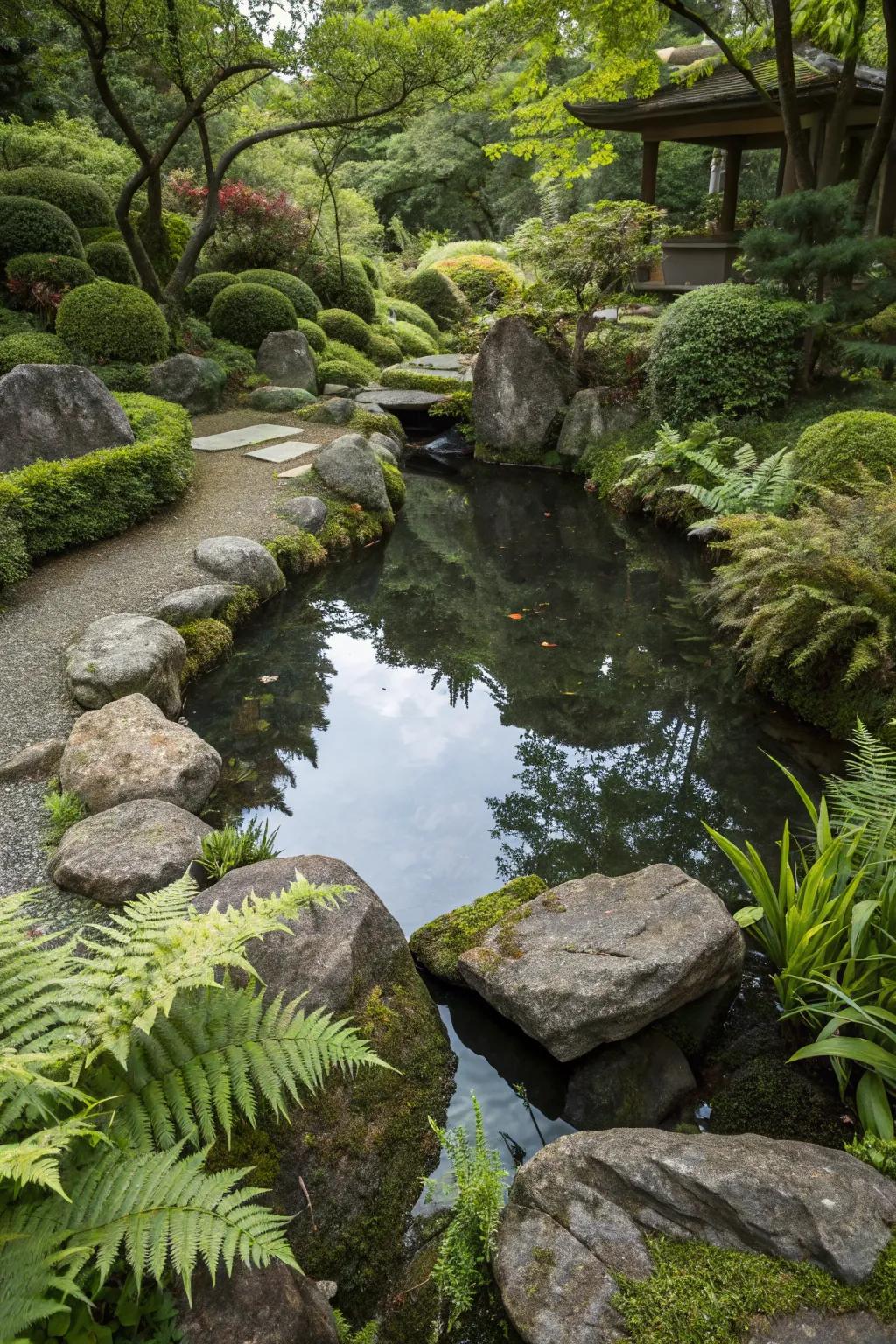A tranquil water basin situated in a Japanese garden.