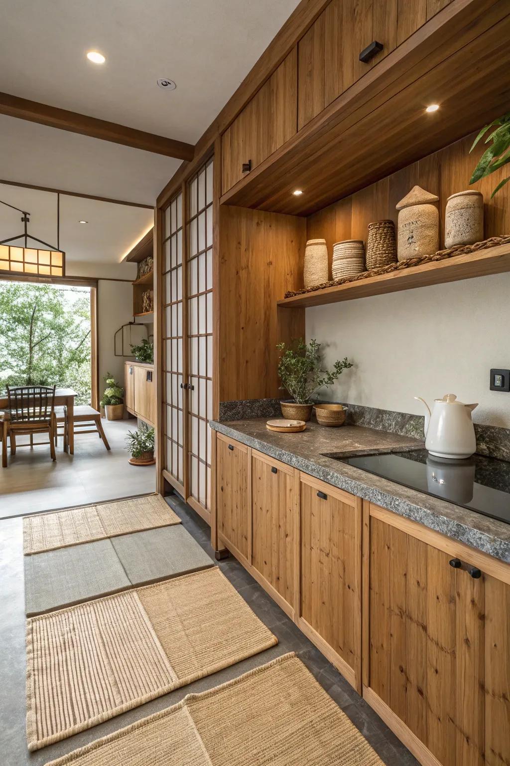 Natural materials bring the outdoors into a Japanese kitchen.