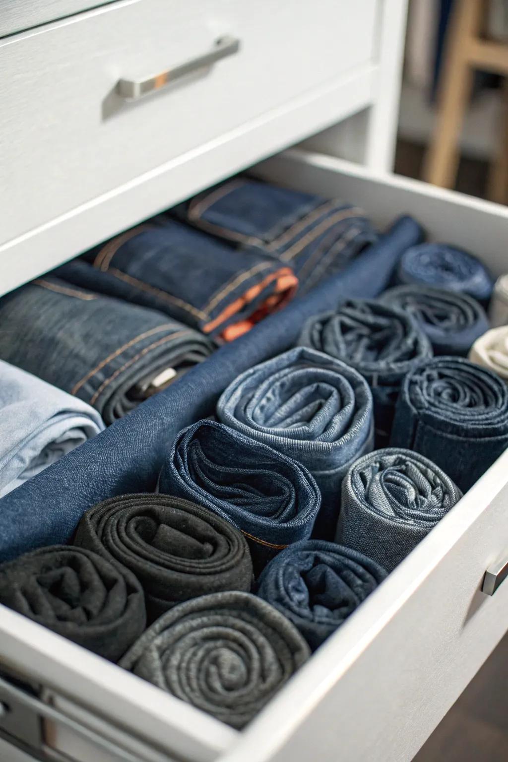 Jeans that are tightly rolled and stored in a drawer provide a space-efficient storage solution.