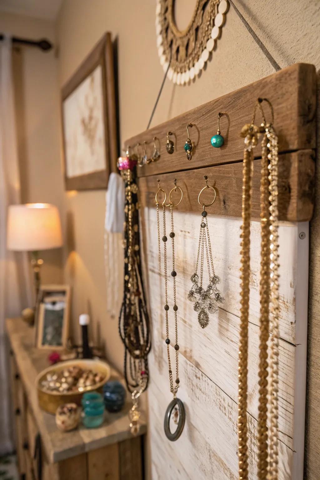A rustic wooden panel utilized to exhibit jewelry