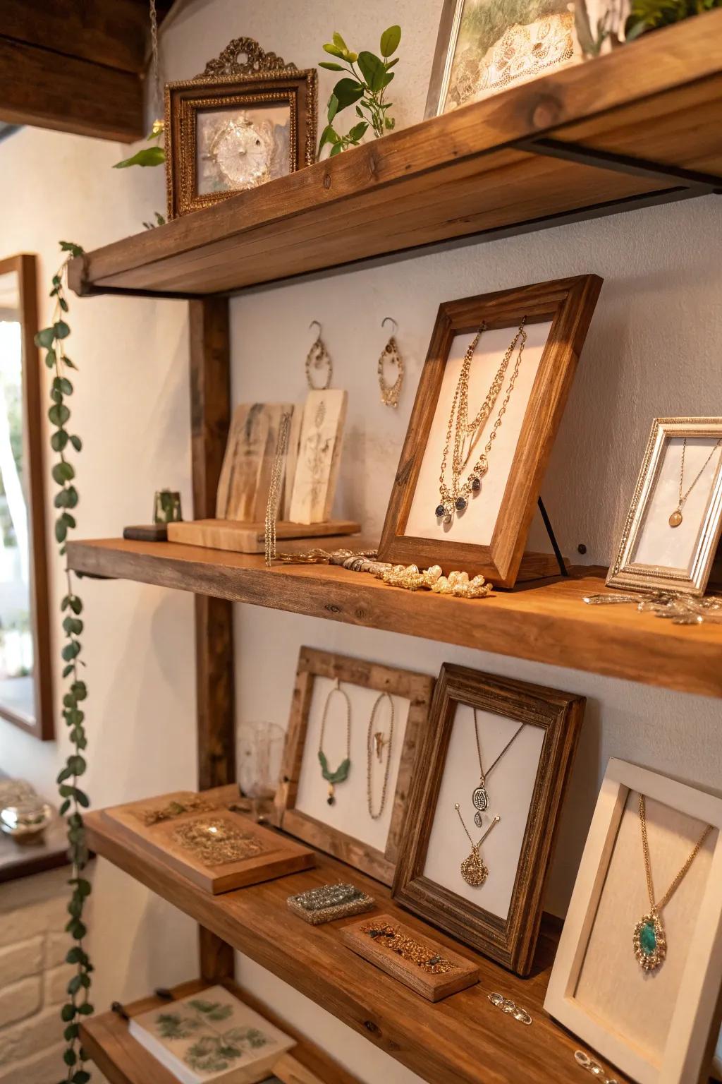 Cultivate a warm, vintage ambiance with rustic jewelry presentation aspects.