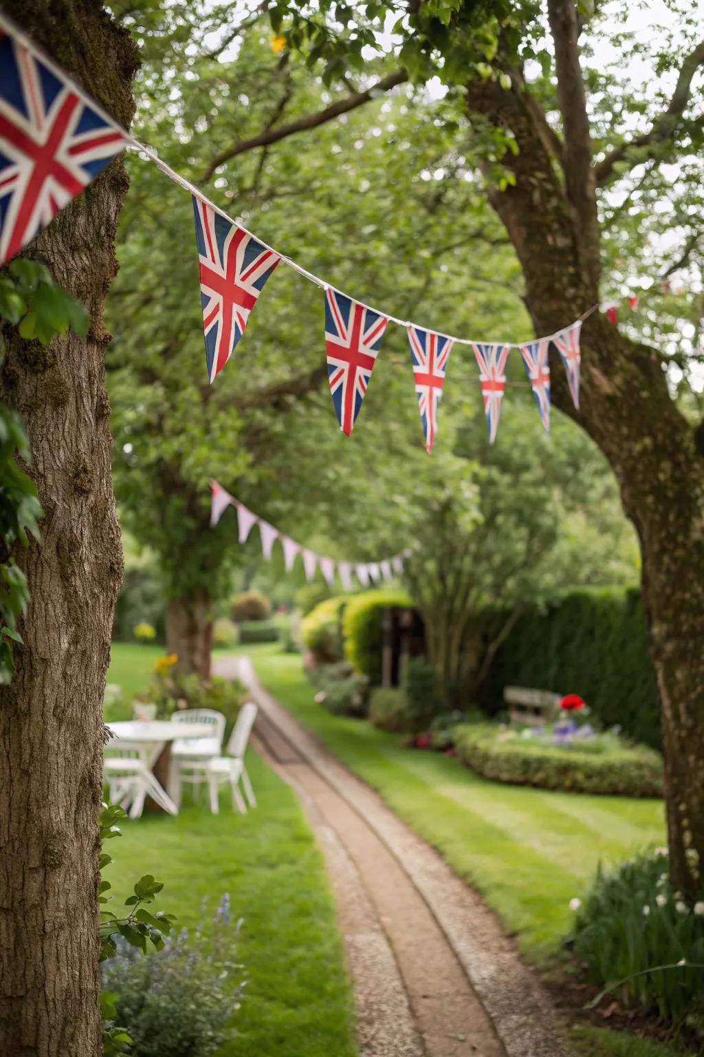 Patriotic banner flags infuse a jubilant element into a garden environment.