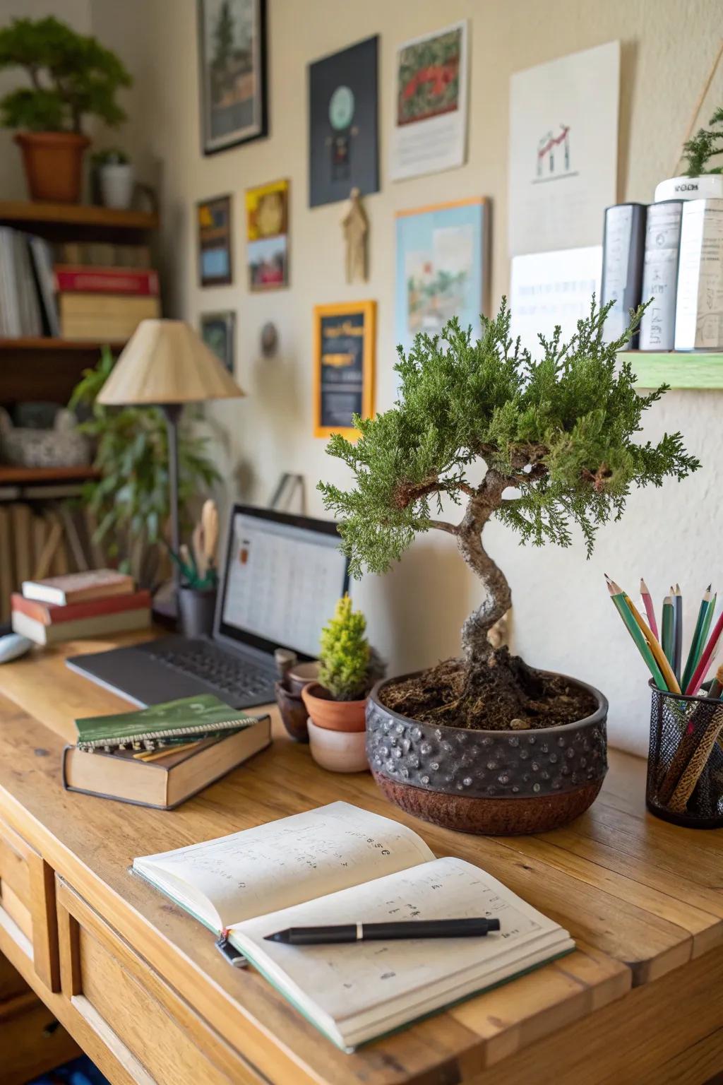 A casual vertical juniper bonsai bringing comfort to a welcoming home office.