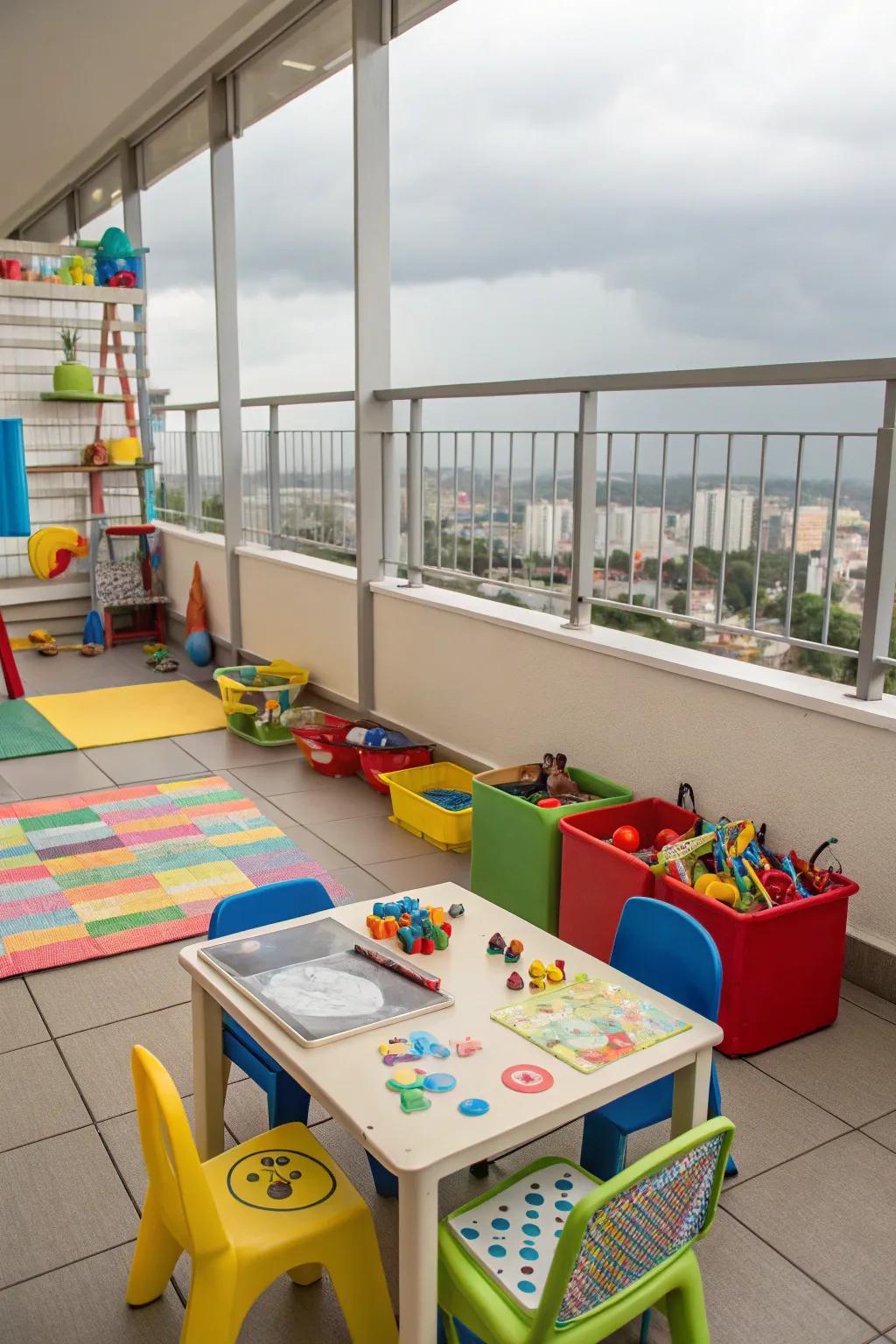 Adding color with miniature tables and chairs transforms the balcony into an artistic center.