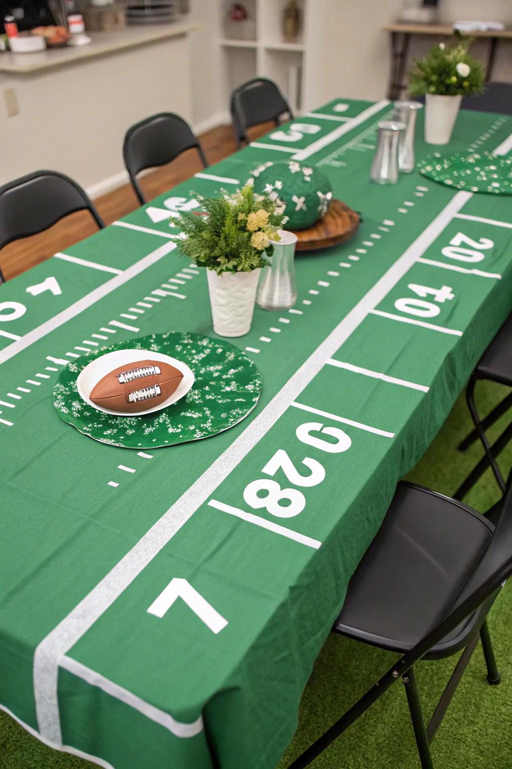 A table transformed into a football ground scene for the gathering.