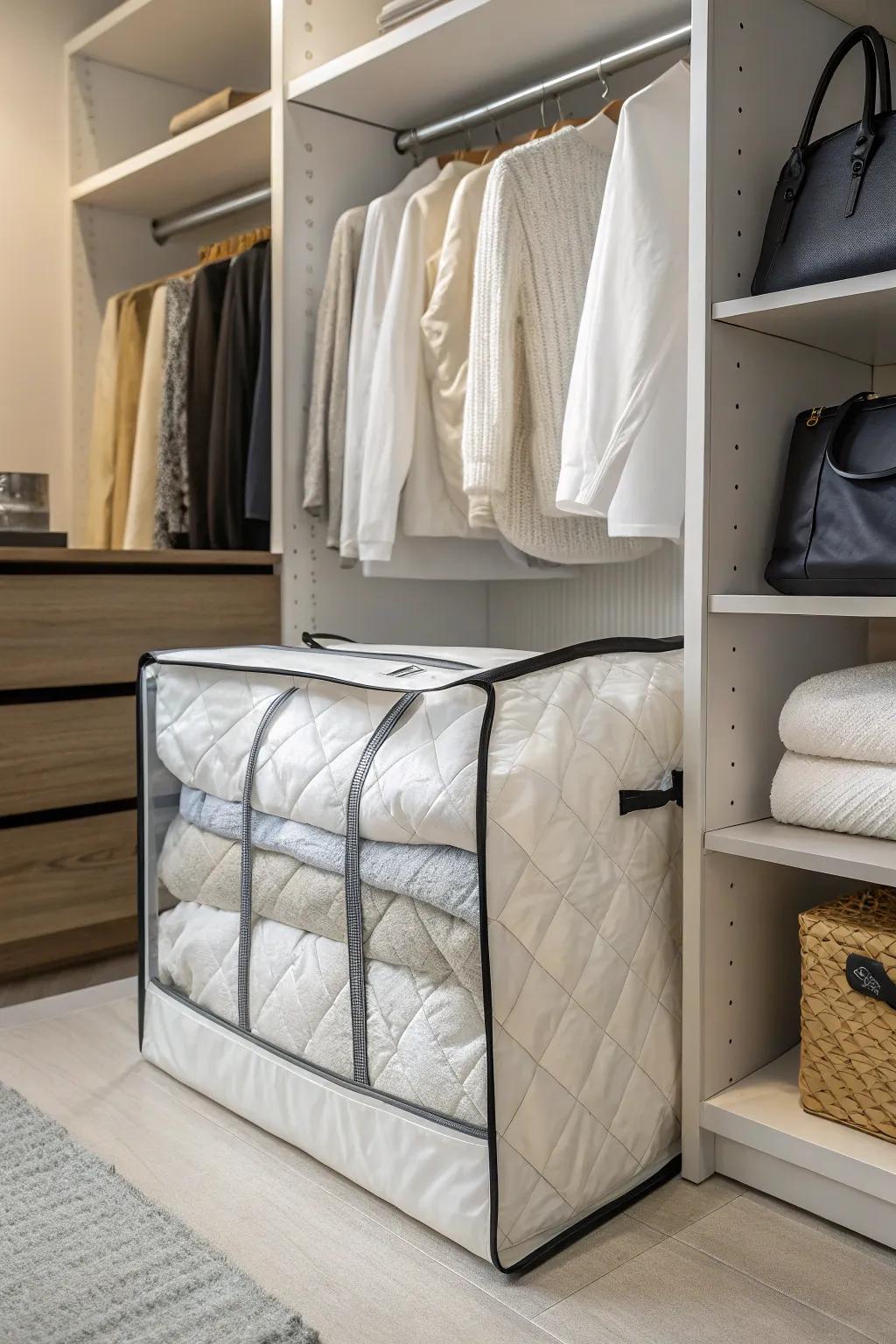 Transparent storage bags introduce clarity and structure to your closet layout.
