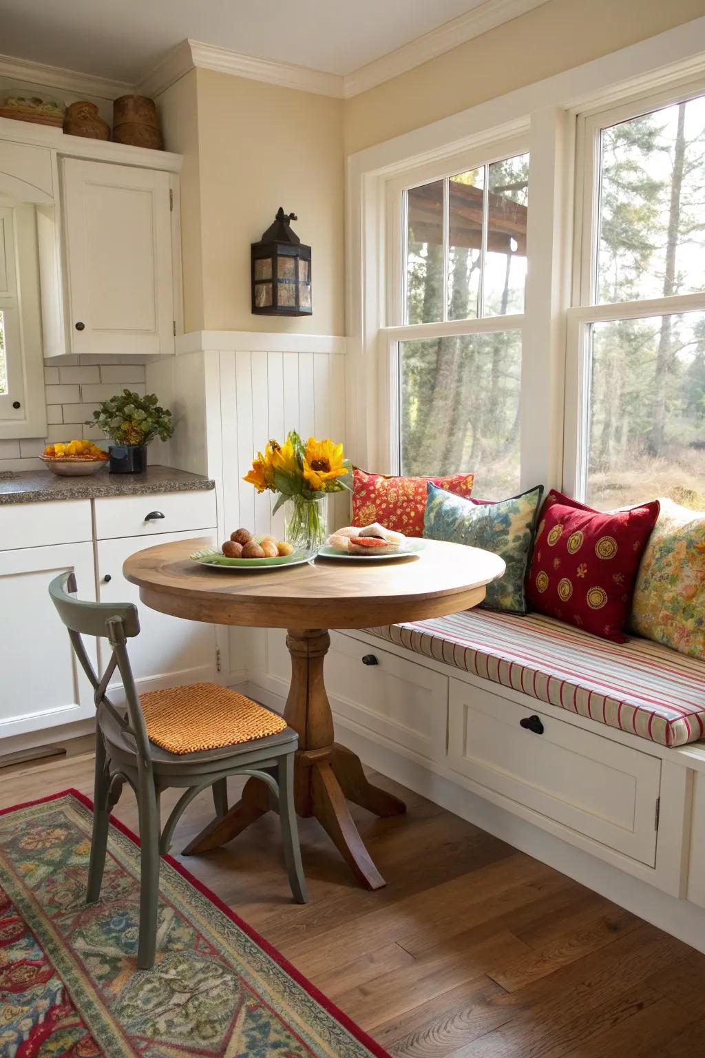 A compact breakfast nook creates a cozy dining area.