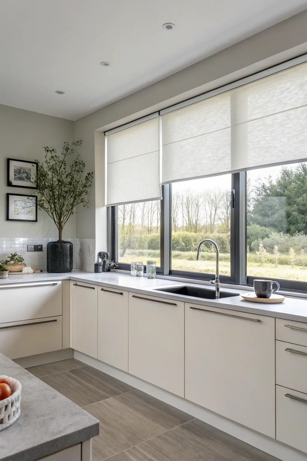 Minimalist kitchen featuring sleek roller blinds