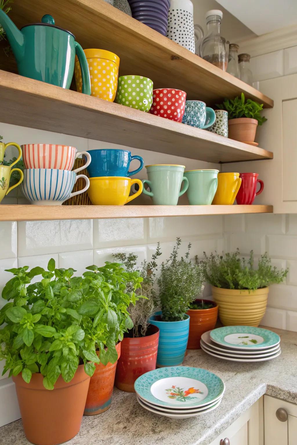 Open shelving imbues kitchen corners with energy and accessibility.