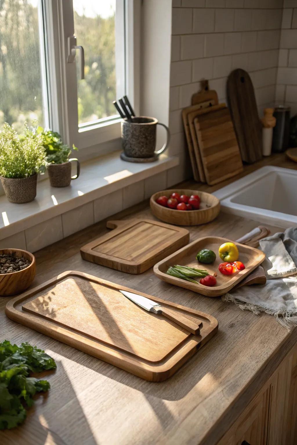 Wood elements contributing warmth to the kitchen's decorative scheme.