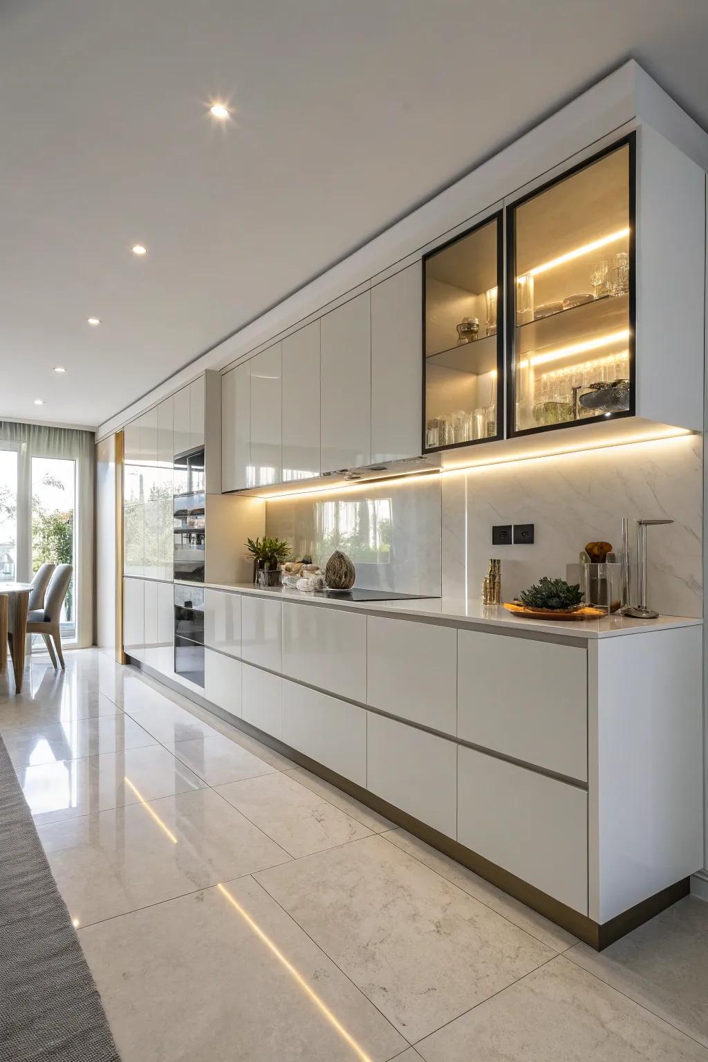A refined, minimalist sideboard with integrated lighting in a modern kitchen.