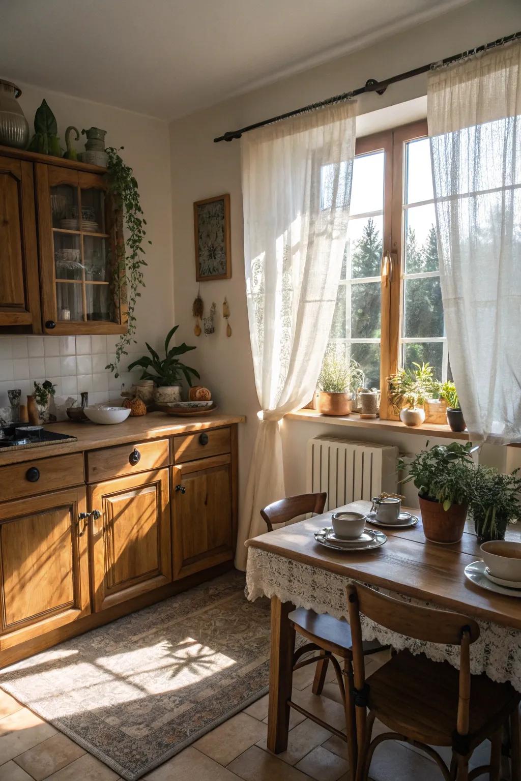 Bistro curtains infuse countryside charm while celebrating light from outdoors.
