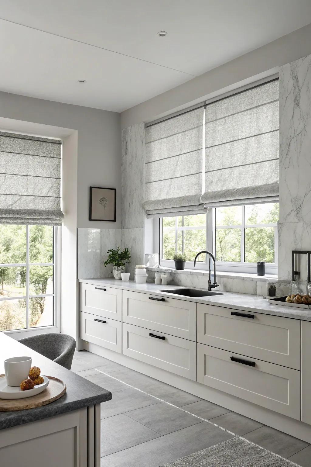 Monochromatic shades deliver an elegant and unified kitchen aesthetic.