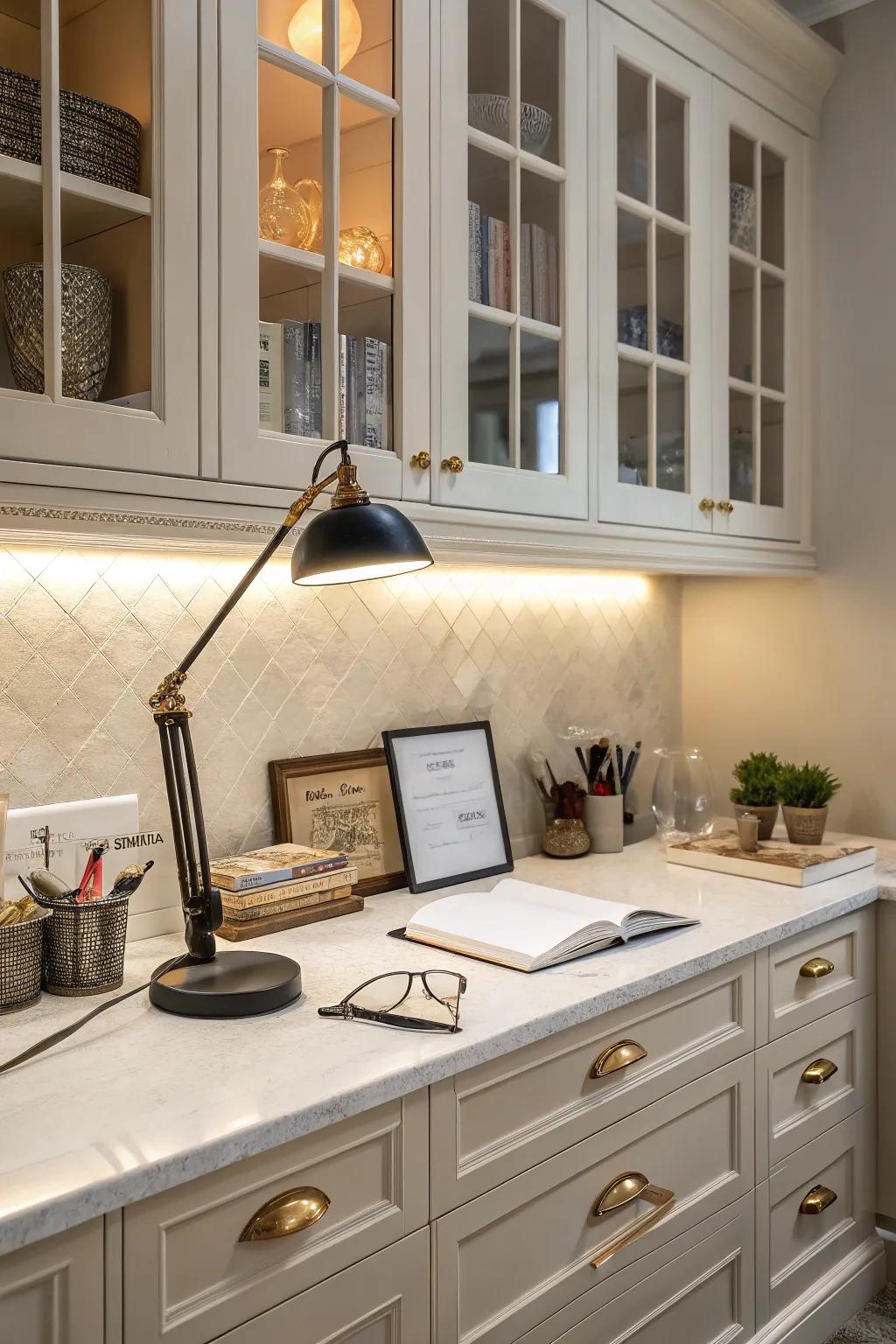 A well-illuminated kitchen desk space featuring base cabinet lighting and an elegant desk lamp.