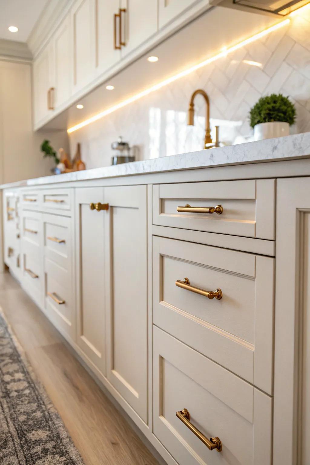 Sophisticated refined copper fixtures enhancing lighter-hued cabinetwork.