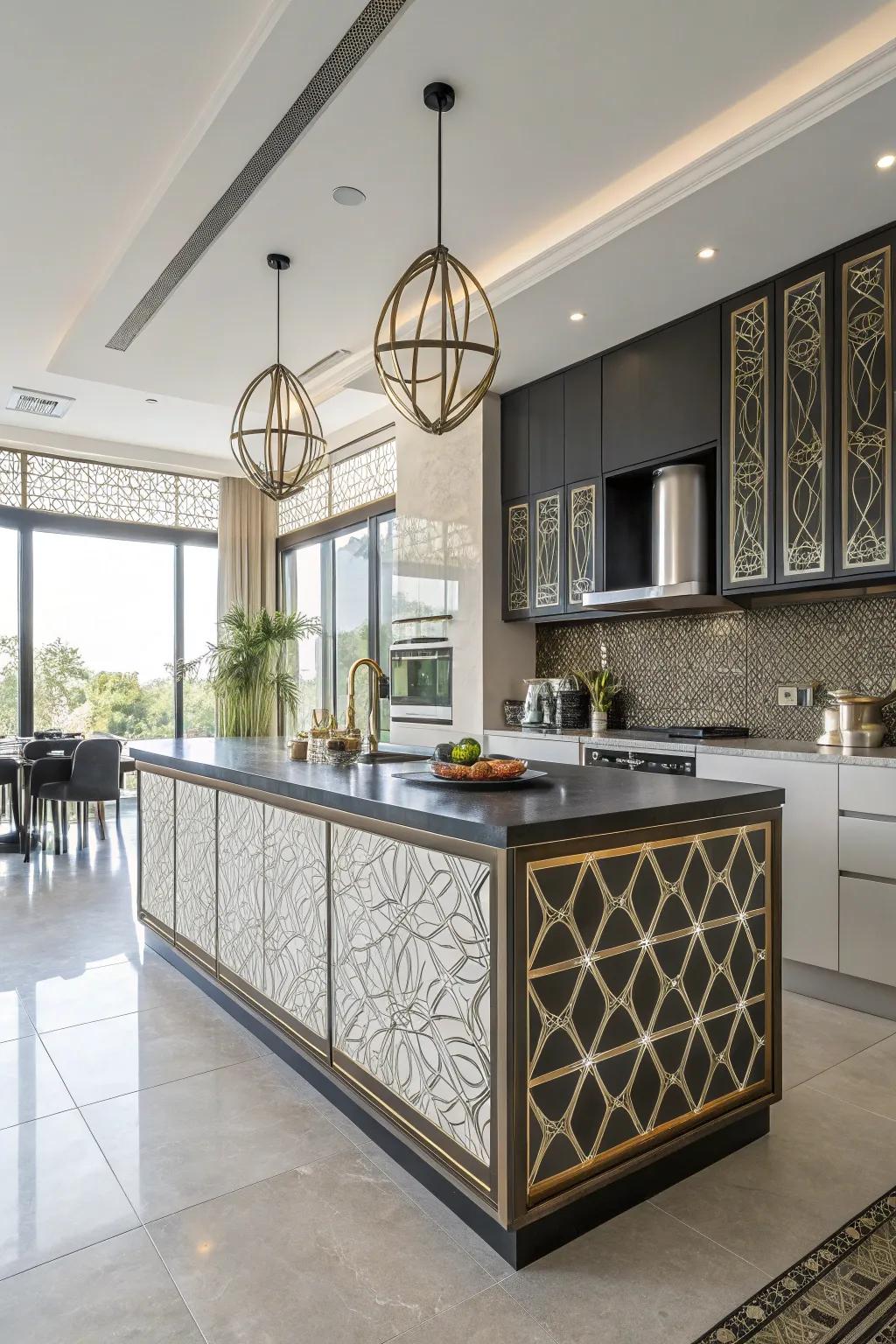 A contemporary island exhibiting striking geometric trim designs.